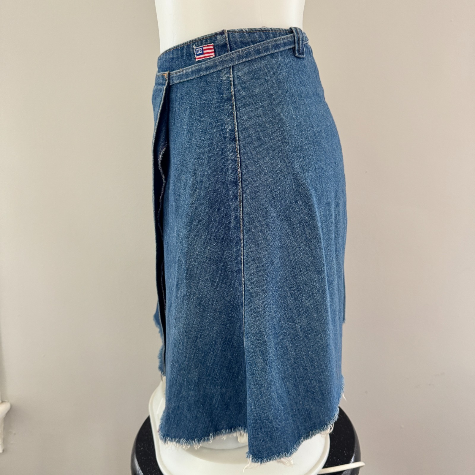 70s vintage UFO JEANS Denim Cut-off Wrap Mini Skirt USA NY American Flag Patch