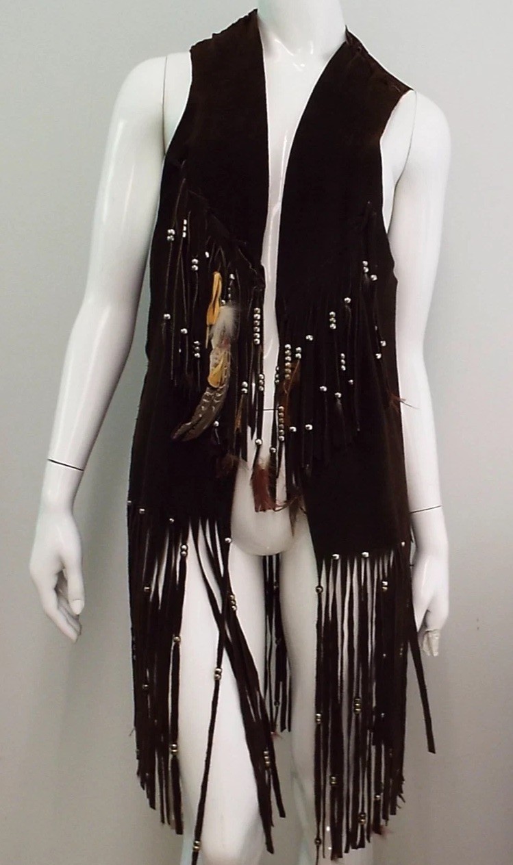 VTG 1970s Long Brown Suede Fringe Tunic Vest HIPPIE Feathers Beads Festival Boho