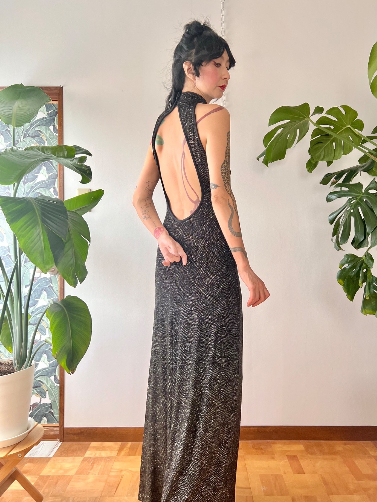 90s Does 70s Caché Open Back Black Glitter Keyhole Halter Maxi Dress Disco Gown