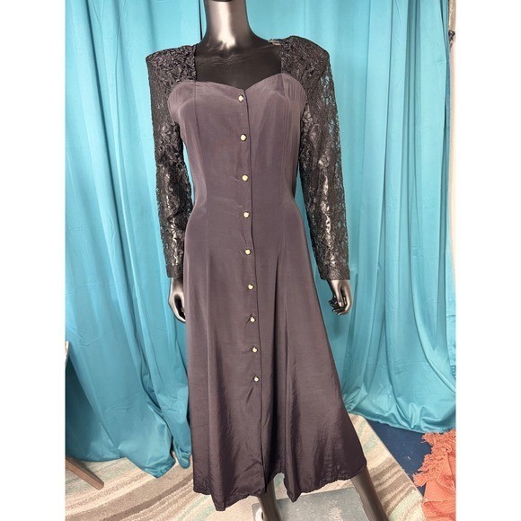 Vintage Jody California Black Lace Sleeve Maxi Dress Pearl Button Corset Back 13