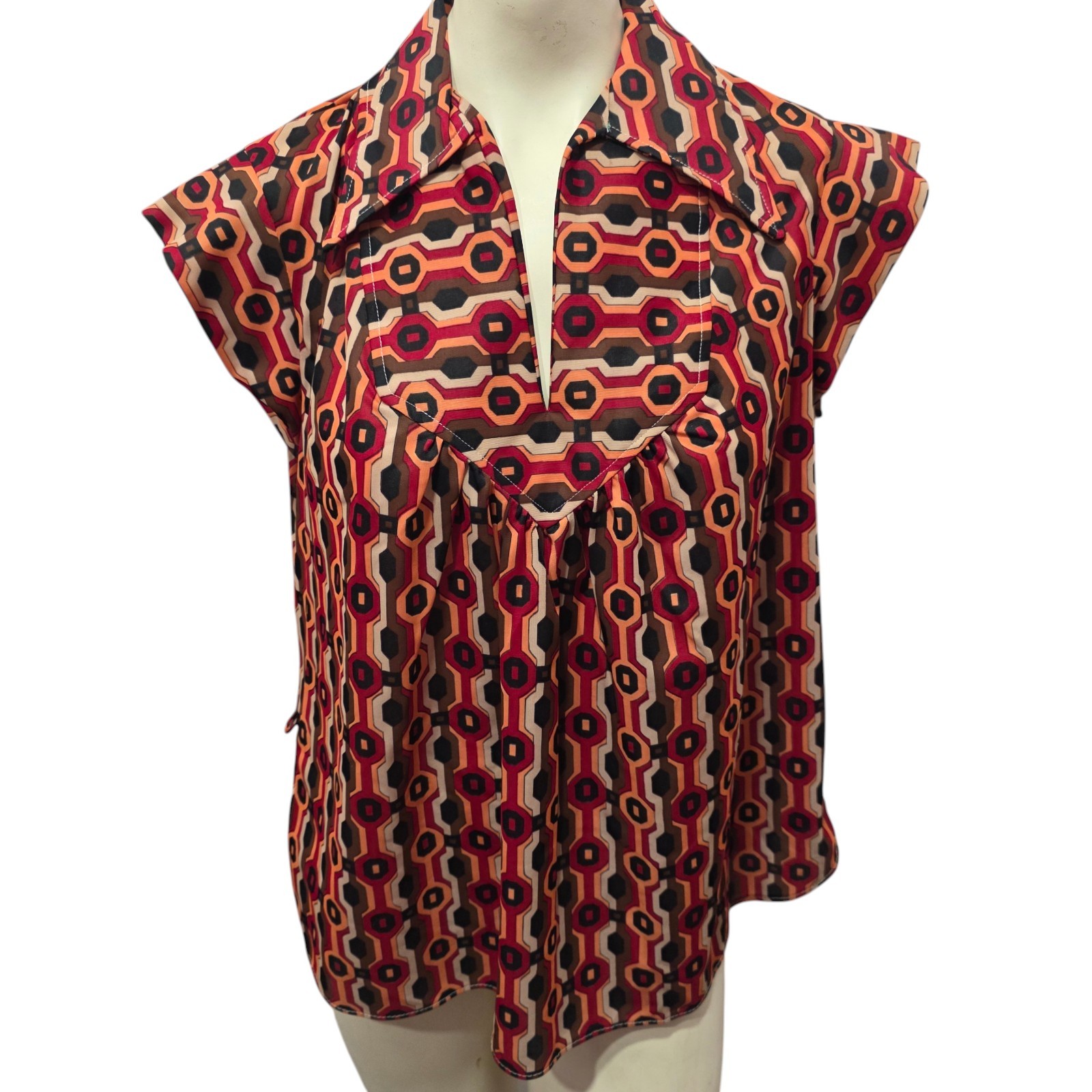 Vintage 70s Blouse Size 40 Geometric Mod Disco Groovy Acetate Nylon Retro Top