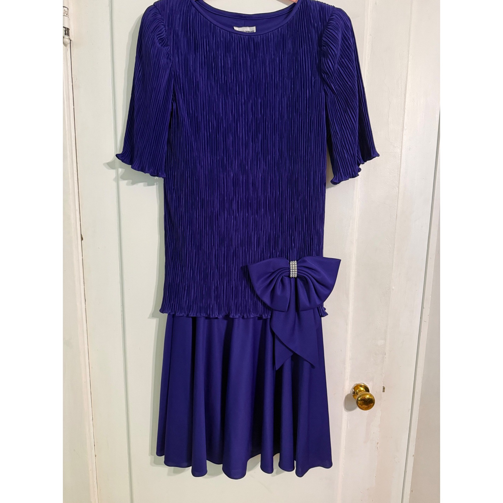 After Dark Vintage 80s Purple Pleated Drop Waist Bow Midi Dress Womens Size 14