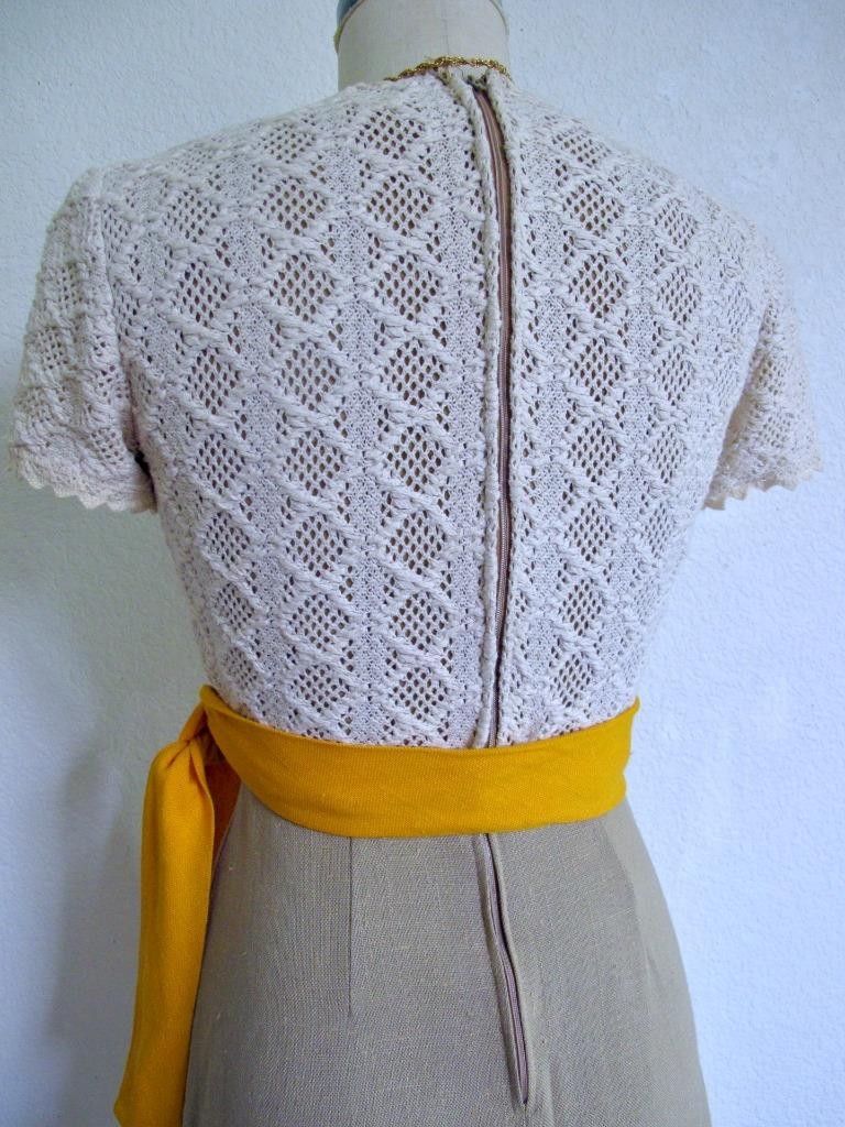 Vtg 60s Lanz Mod Mini Dress XXS Ivory Crochet Top Tan Skirt Orange Sash Autumn