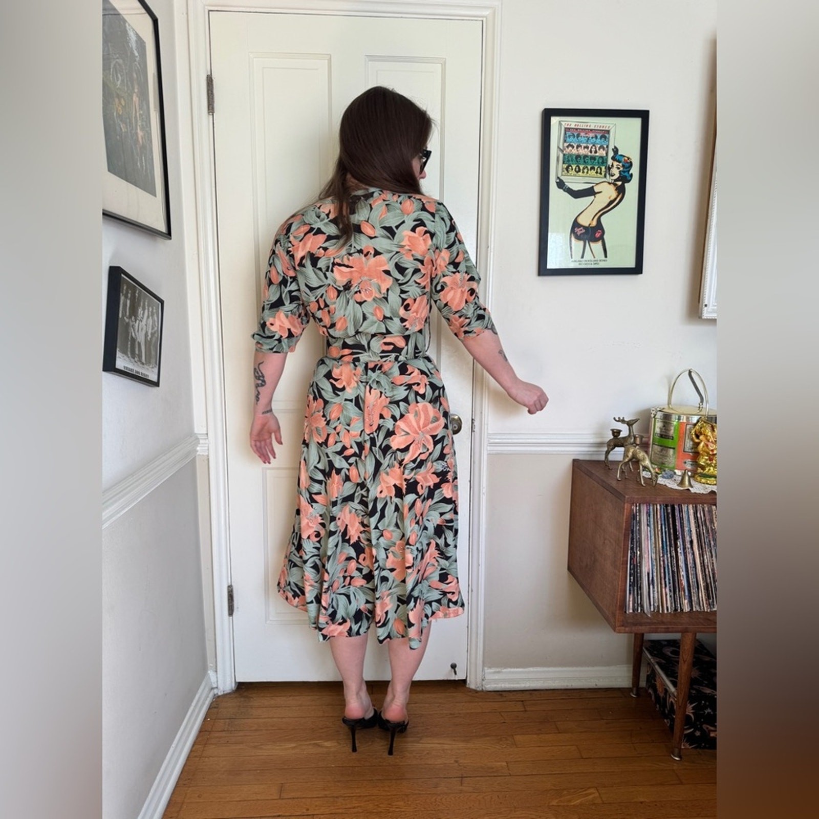 80s Vintage Green Black and Pink Floral Shirt Dress
