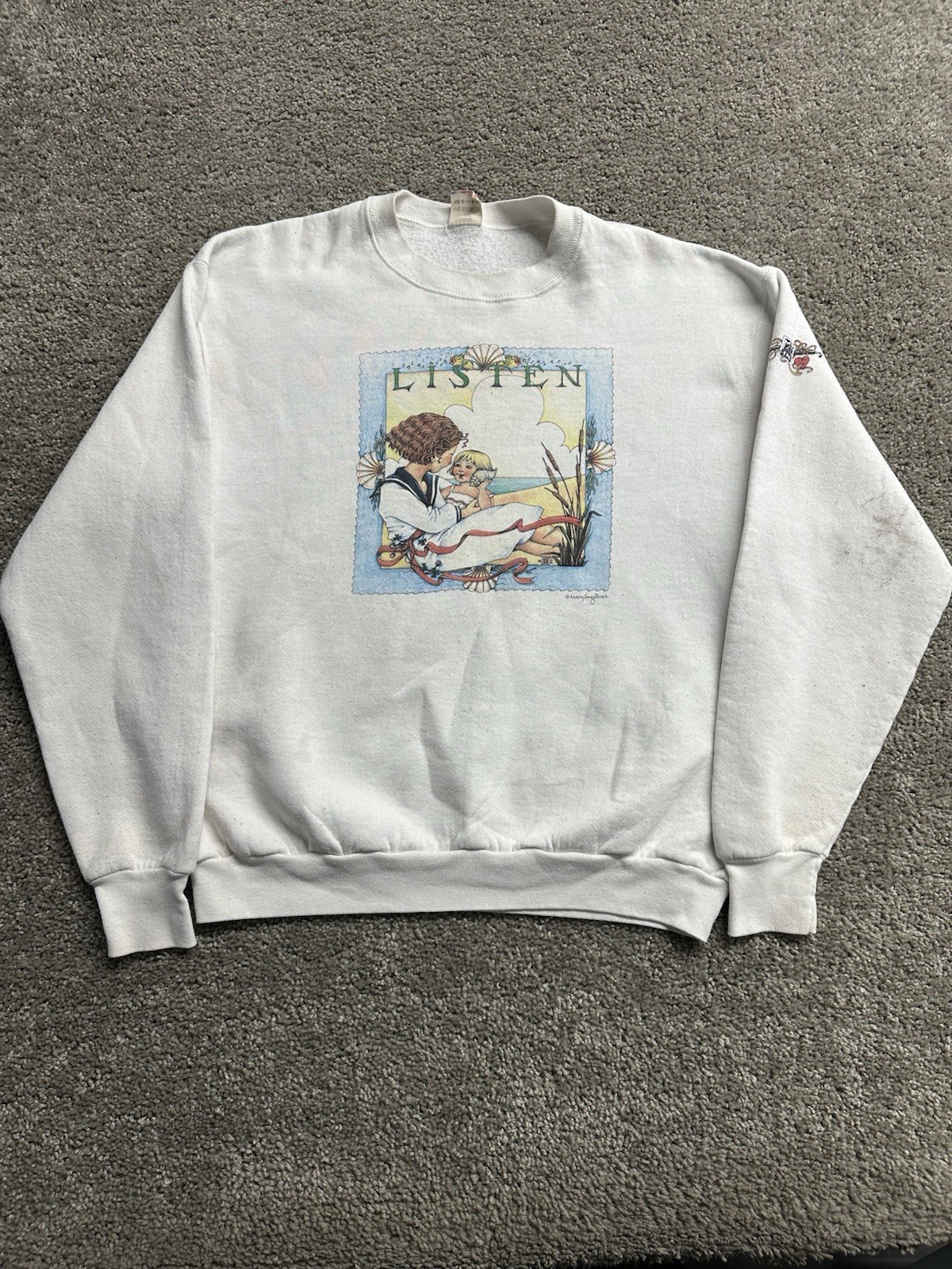 Vintage Jerzees Sweatshirt Womens Large White Mary Engelbreit Listen White XL