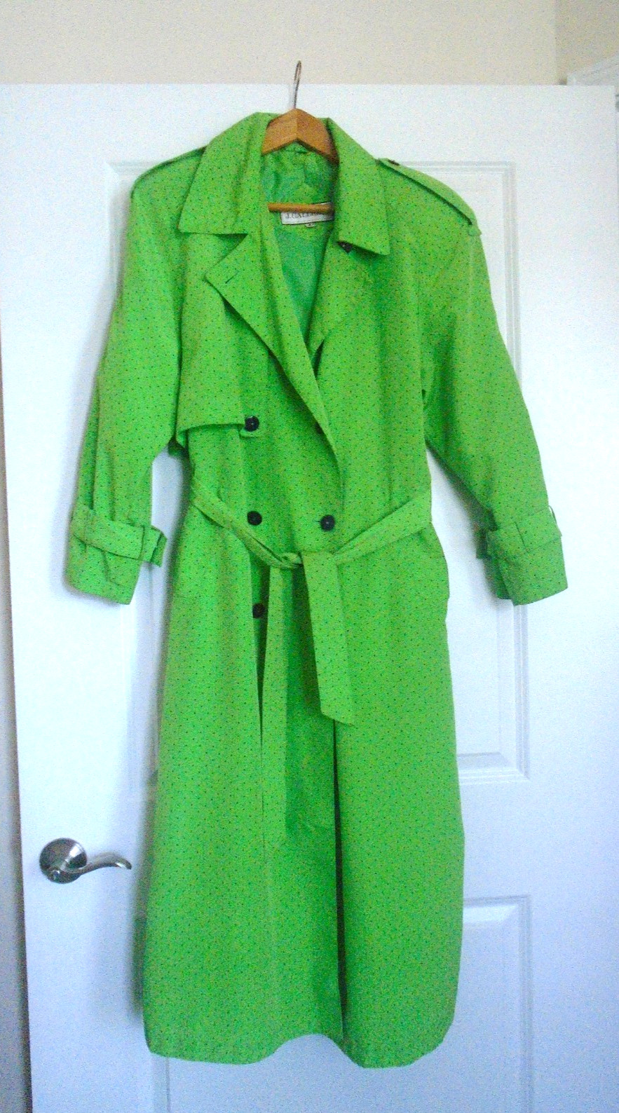 Vtg J. GALLERY Lightweight Green Black Polka Dots Trench Fully Lined Coat Size 8
