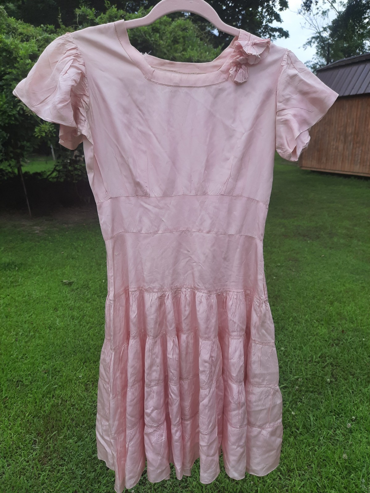 Vintage 1940s or 50s Pink Rayon Faux Silk Dress Tiered Skirt *READ* SEE PHOTOS