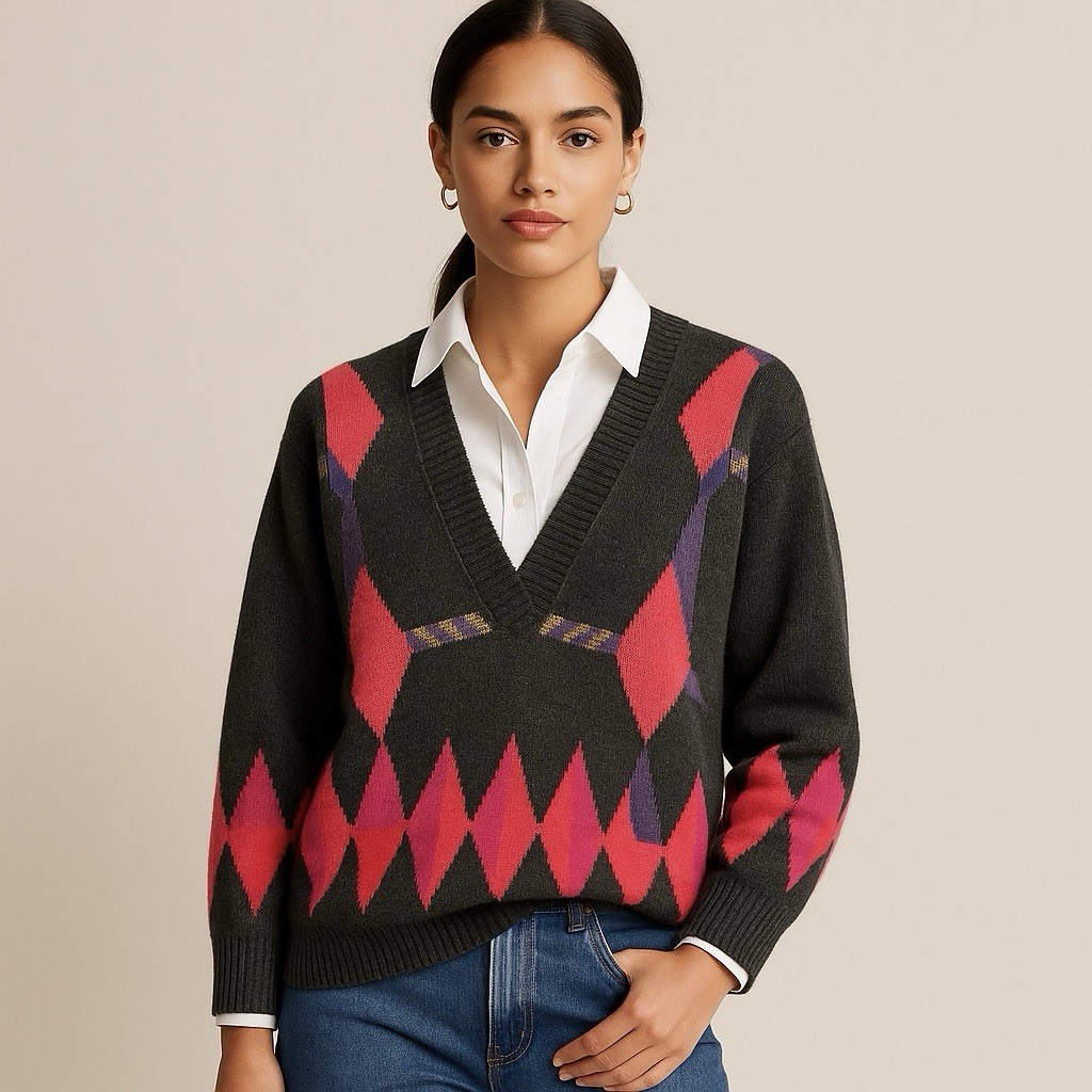 Vintage Argyle Sweater LambsWool Angora L Academia Preppy Cozy Retro Schoolgirl