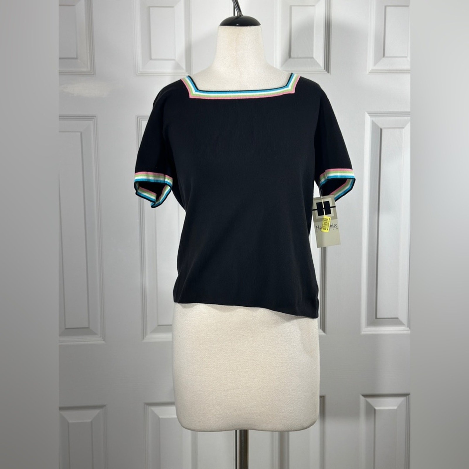 NWT Vintage Hampshire Studio knitted boatneck black multicolored trim size Large