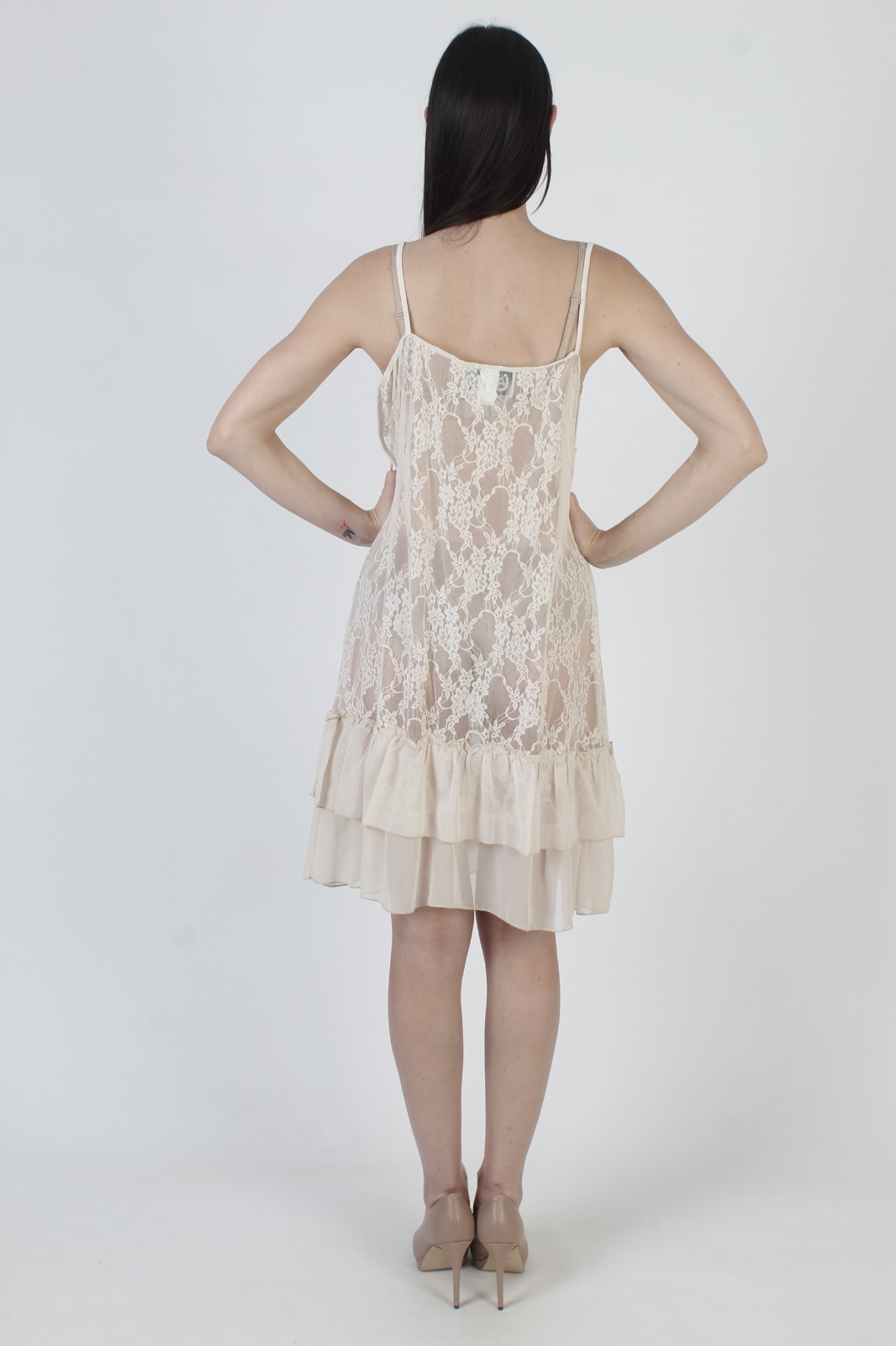 Vtg Victorian Lace Dress Cream Sheer Edwardian Antique See Through Midi Slip