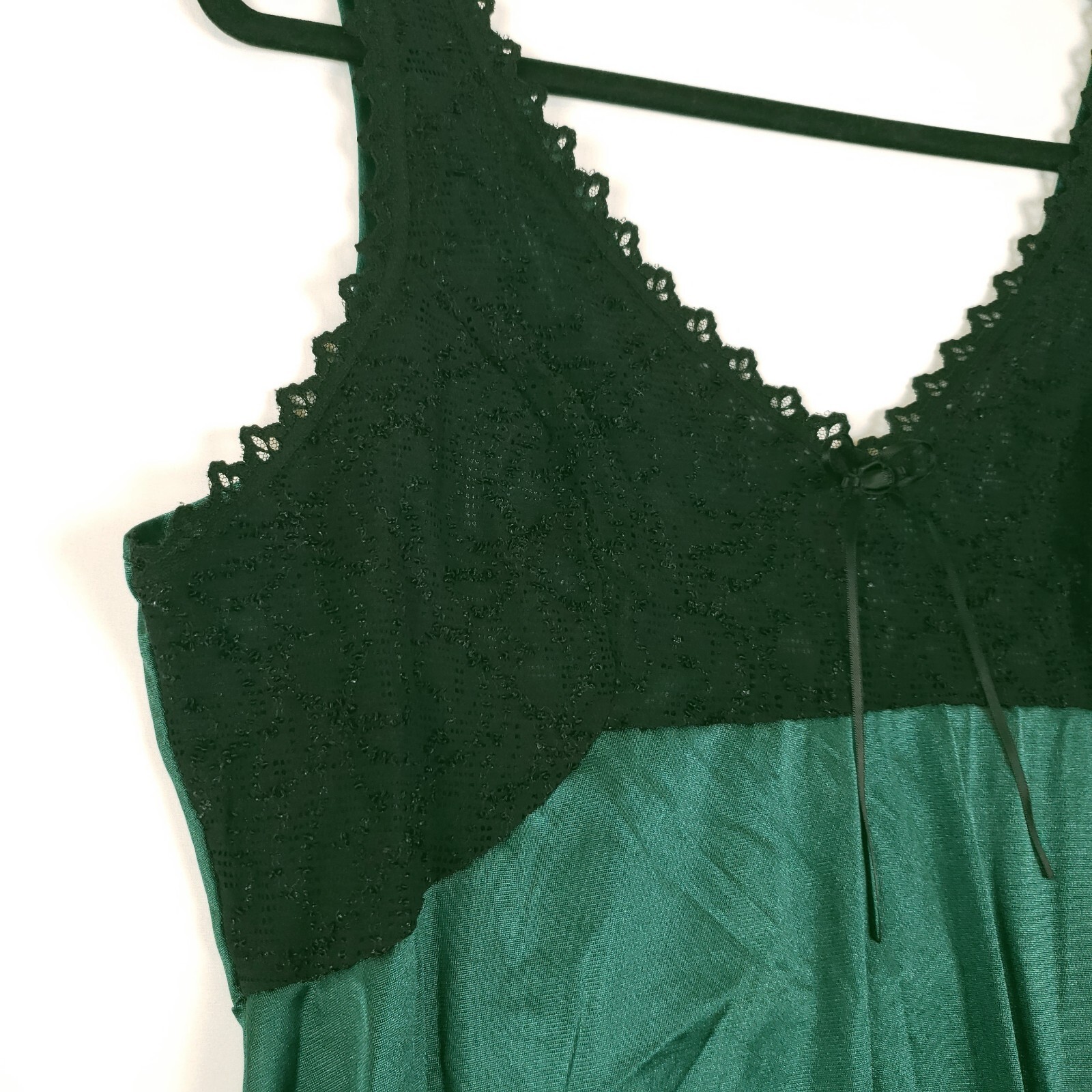 Vintage Nylon Slip Dress Womens XL Hunter Green Lace Trim Unbranded No Tag