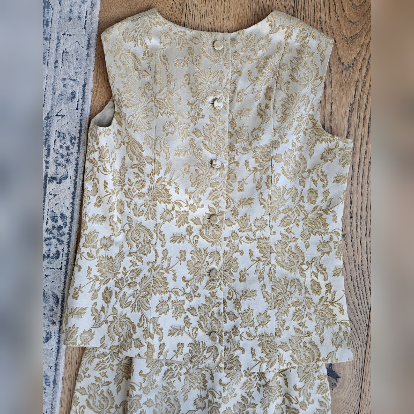 Vintage ILGWU Brocade Floral Jacket Top & Skirt Suit Beige Gold 1960s