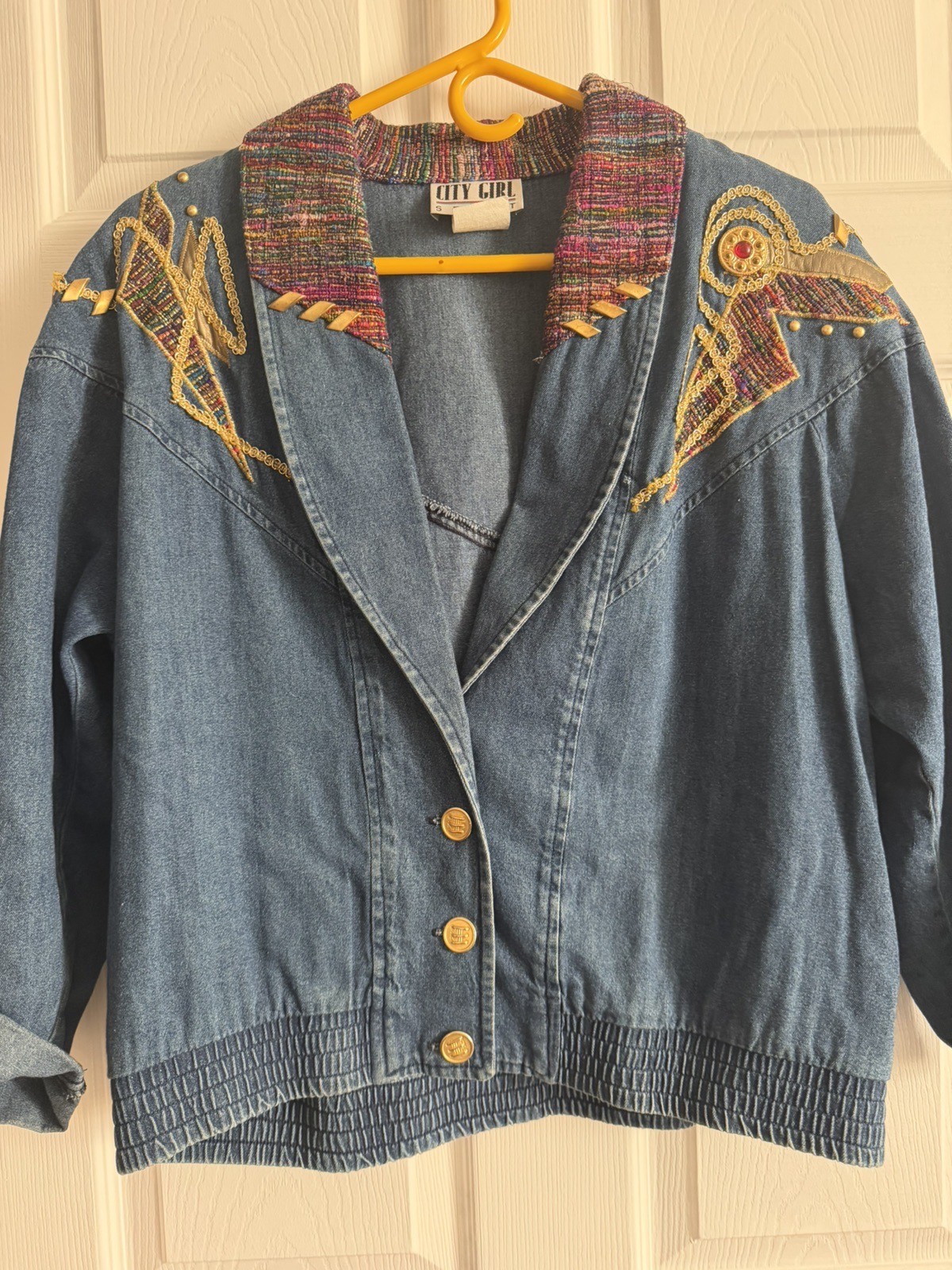 Vintage 80s City Girl Sport Embellished Blue Denim Jacket Size S To M USA Made