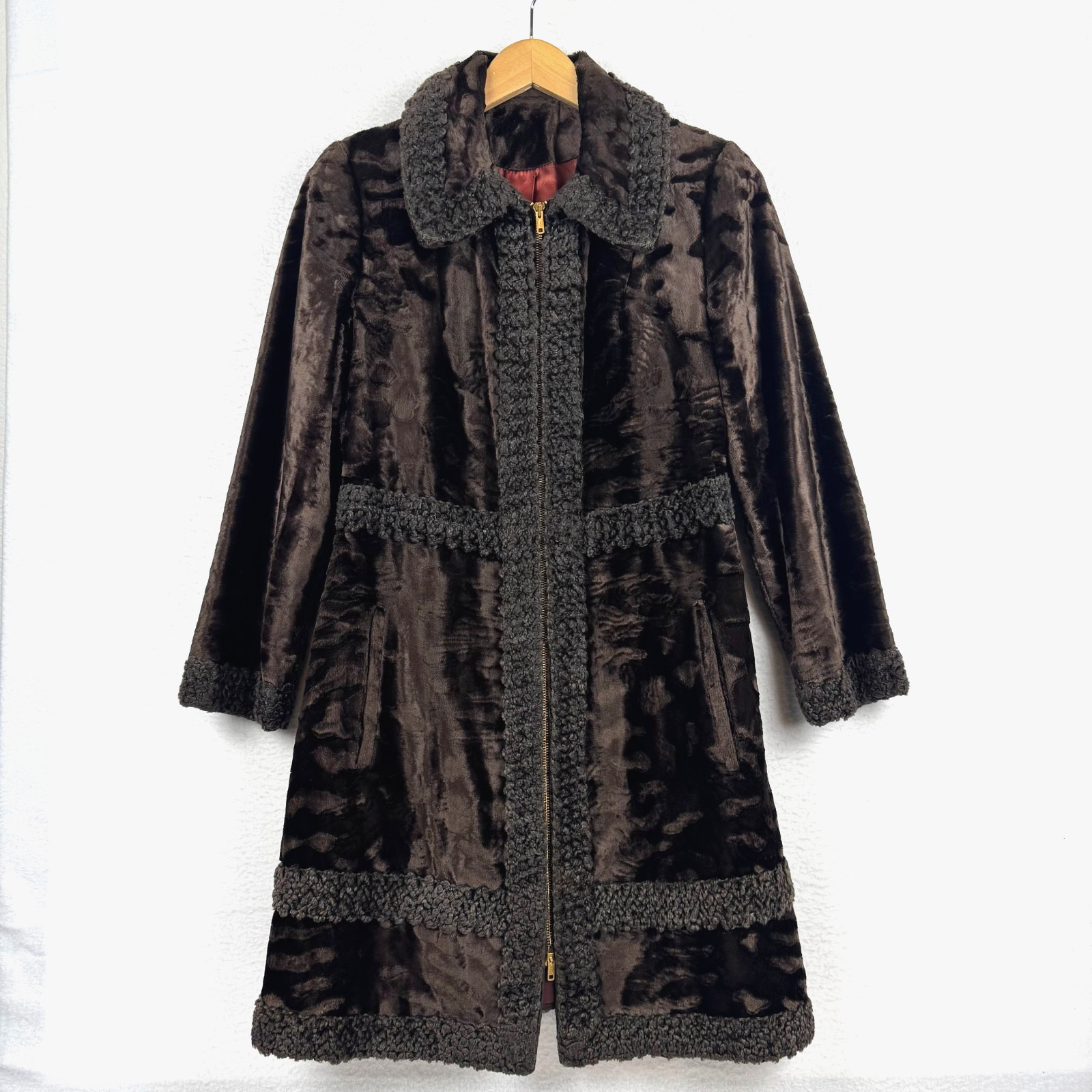Vintage 70s 80s Country Pacer Womens ~Small Brown Faux Fur Long Brown Coat Fancy