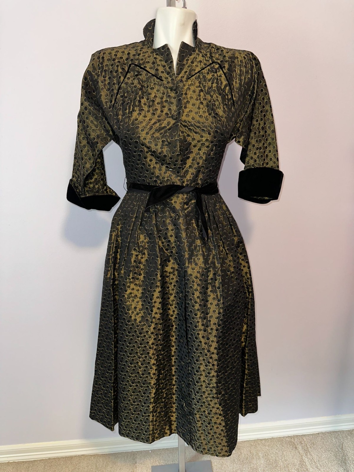 Vintage 1950s Prestige Junior Fit Flare Dress Gold Polka Dot New Look Size XS