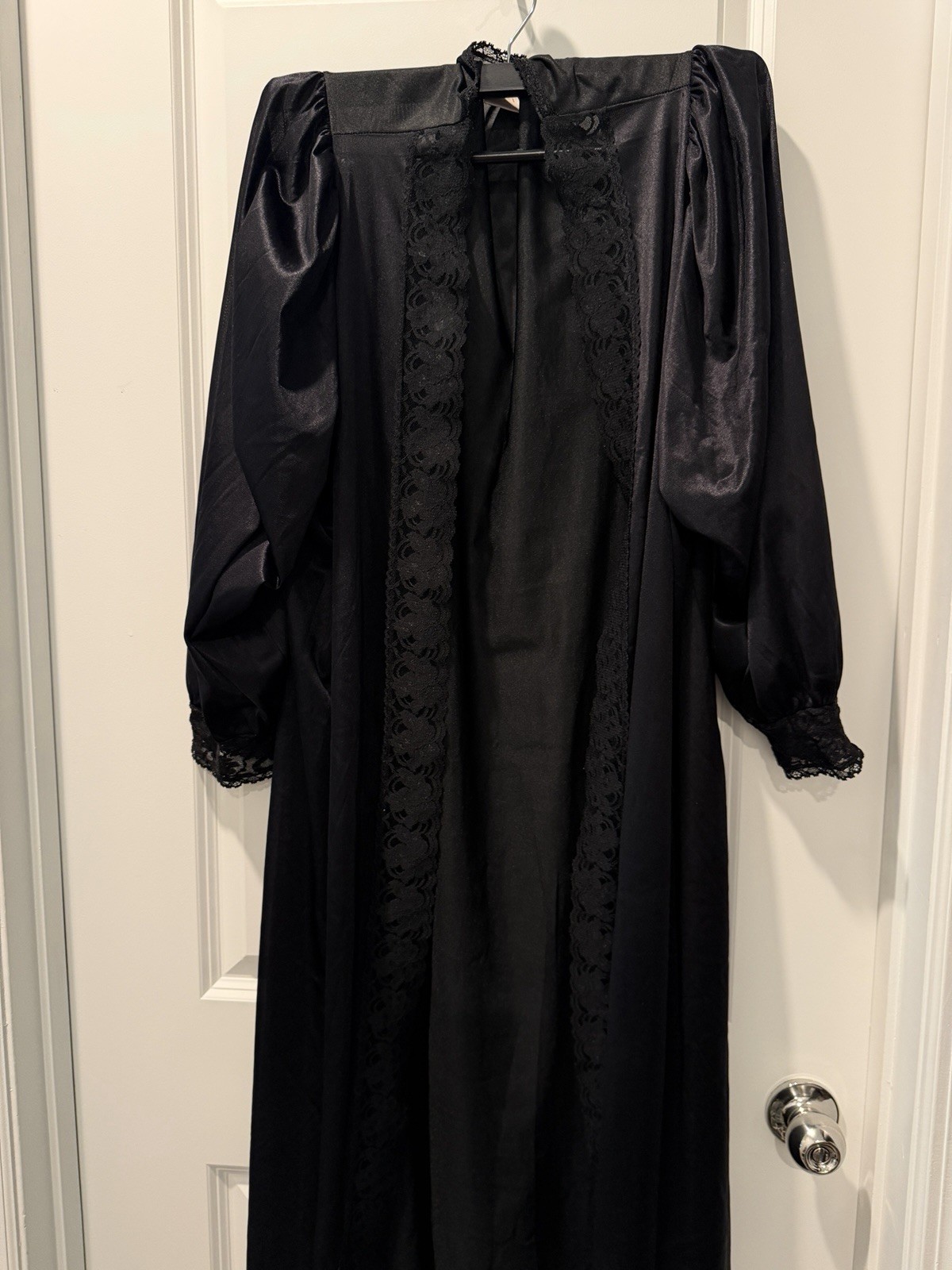 Vtg Womens Open Front Black Maxi Robe Lace Peignoir Boudoir Intimates Lingerie