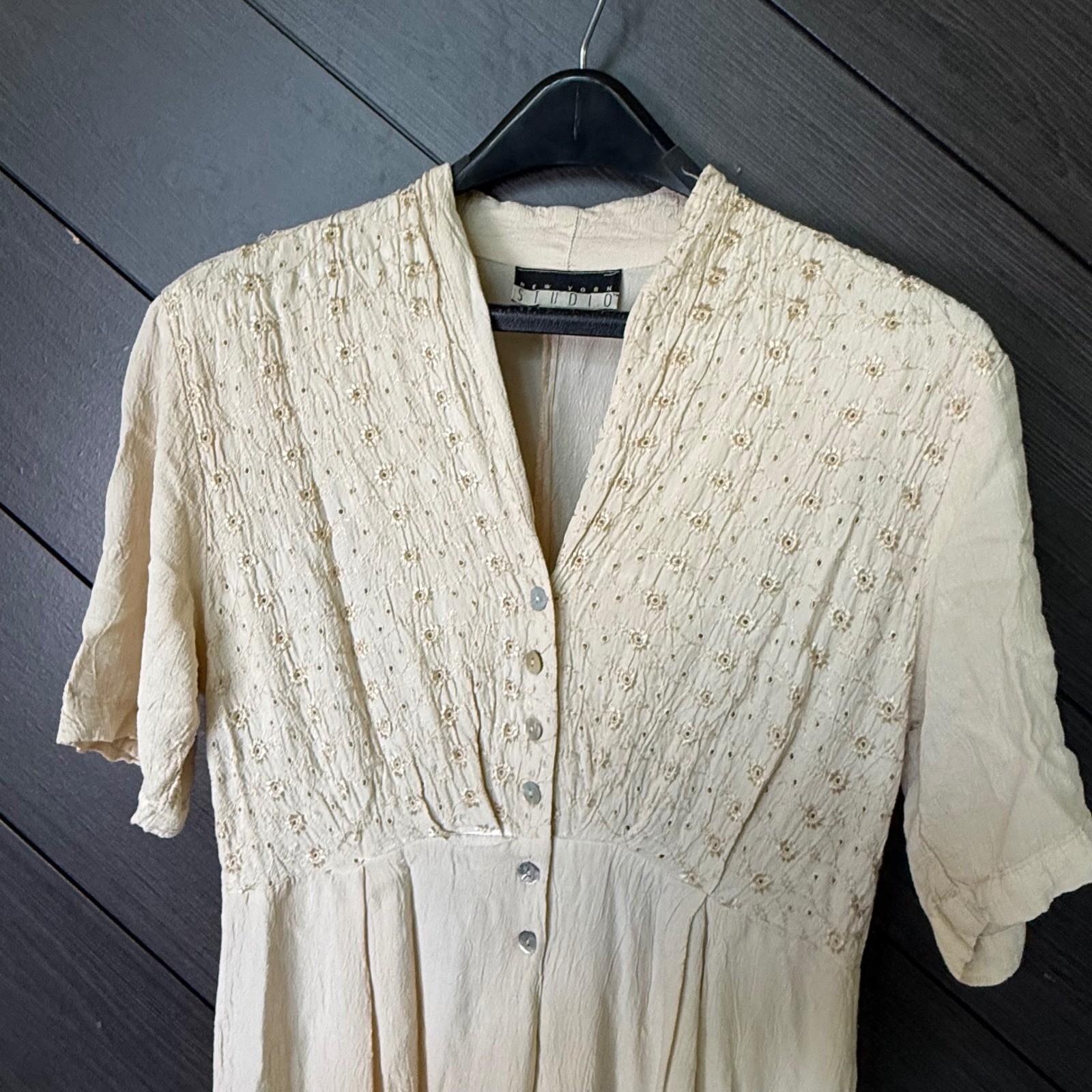 New York Studio Vintage 90s Embroidered Rayon Jumpsuit Tan Med Cottagecore