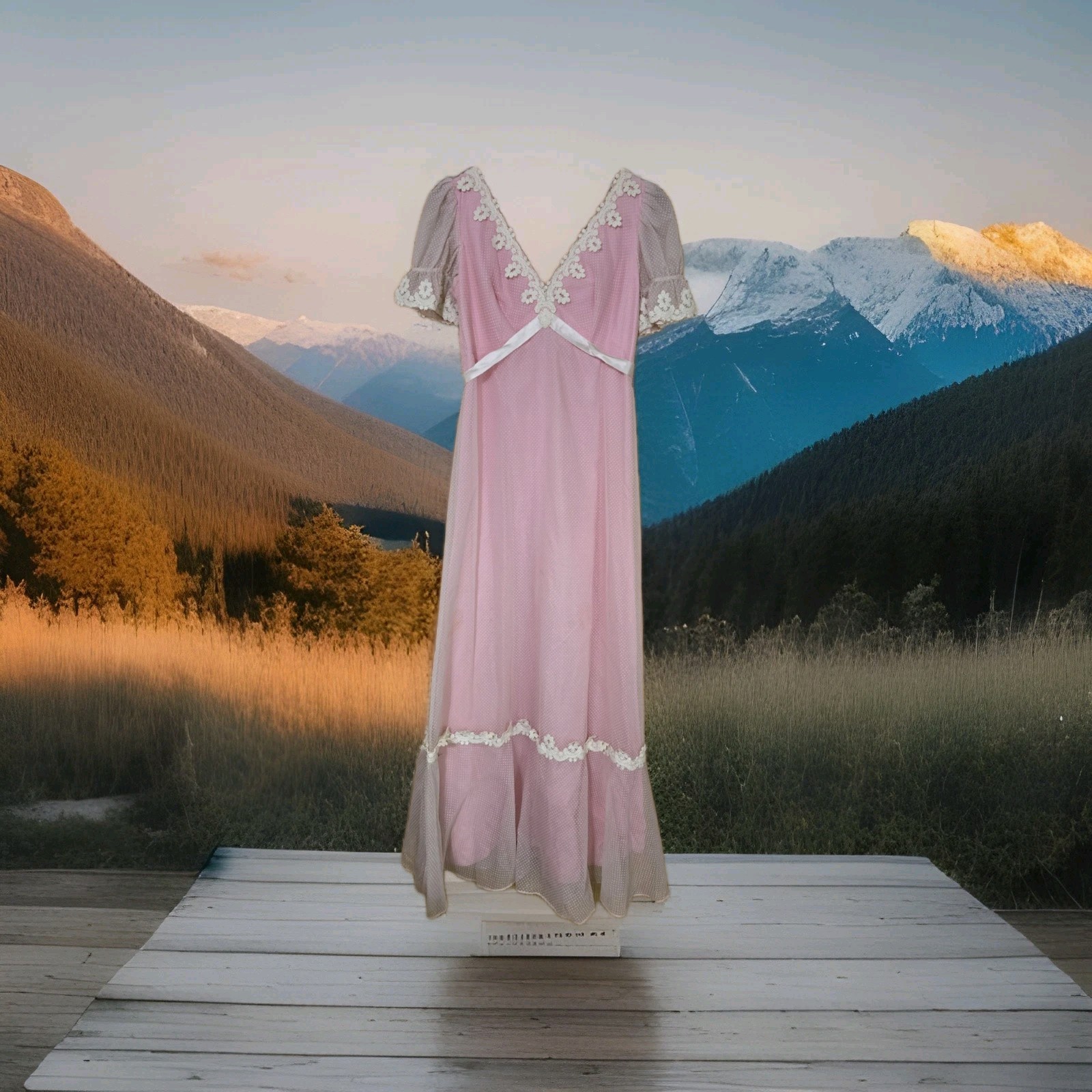 1960’s Pink Floor Length Prom/Bridesmaid Dress With Dotted Lace Overlay