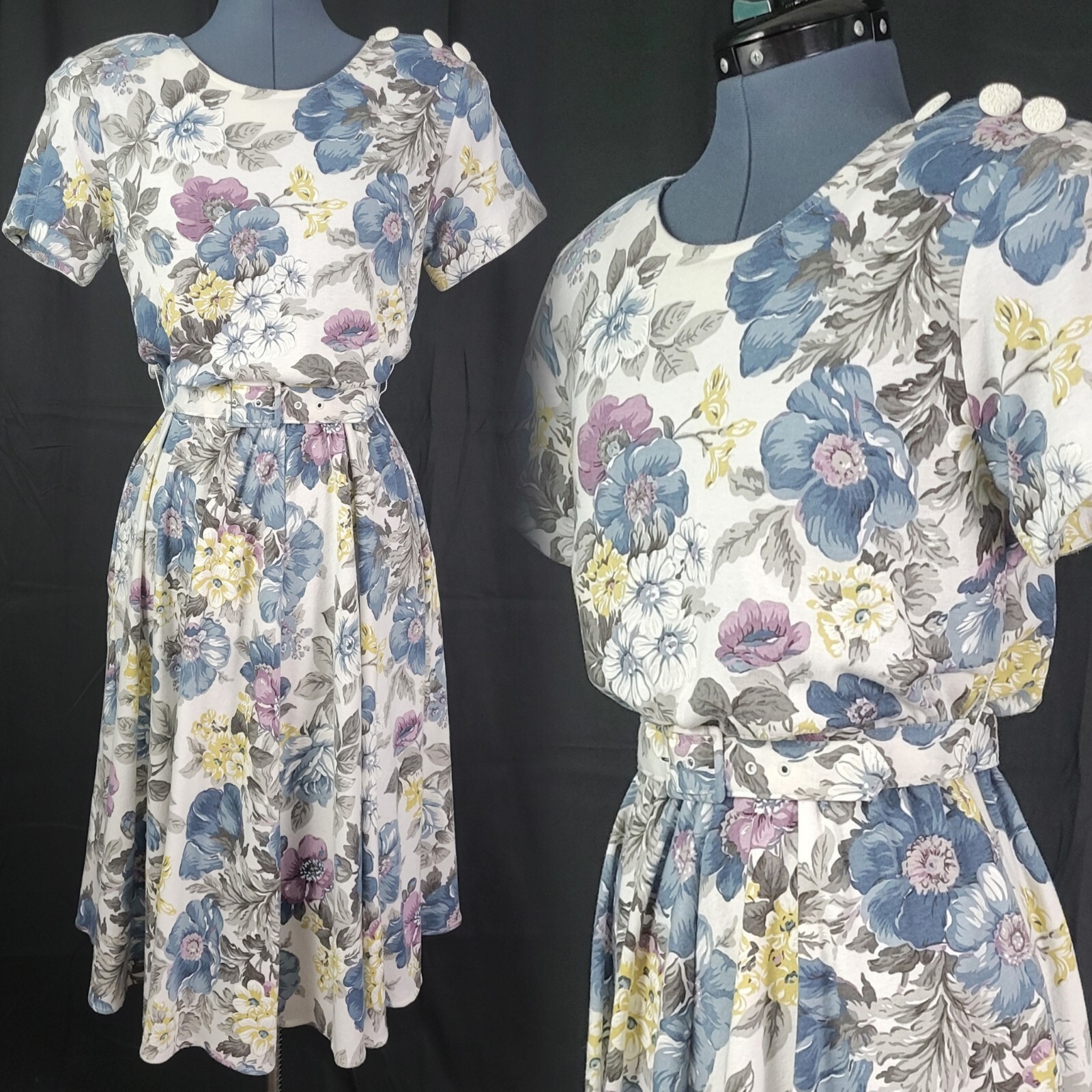 Vtg Stuart Alan Petites White/Blue/Purple Floral Blouson Knit Dress Size 8P