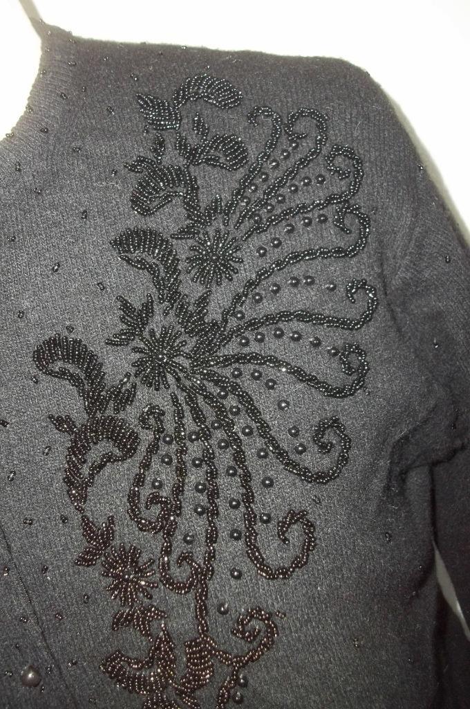 Vintage 50’s Black Beaded Floral Print Cardigan Sweater 44