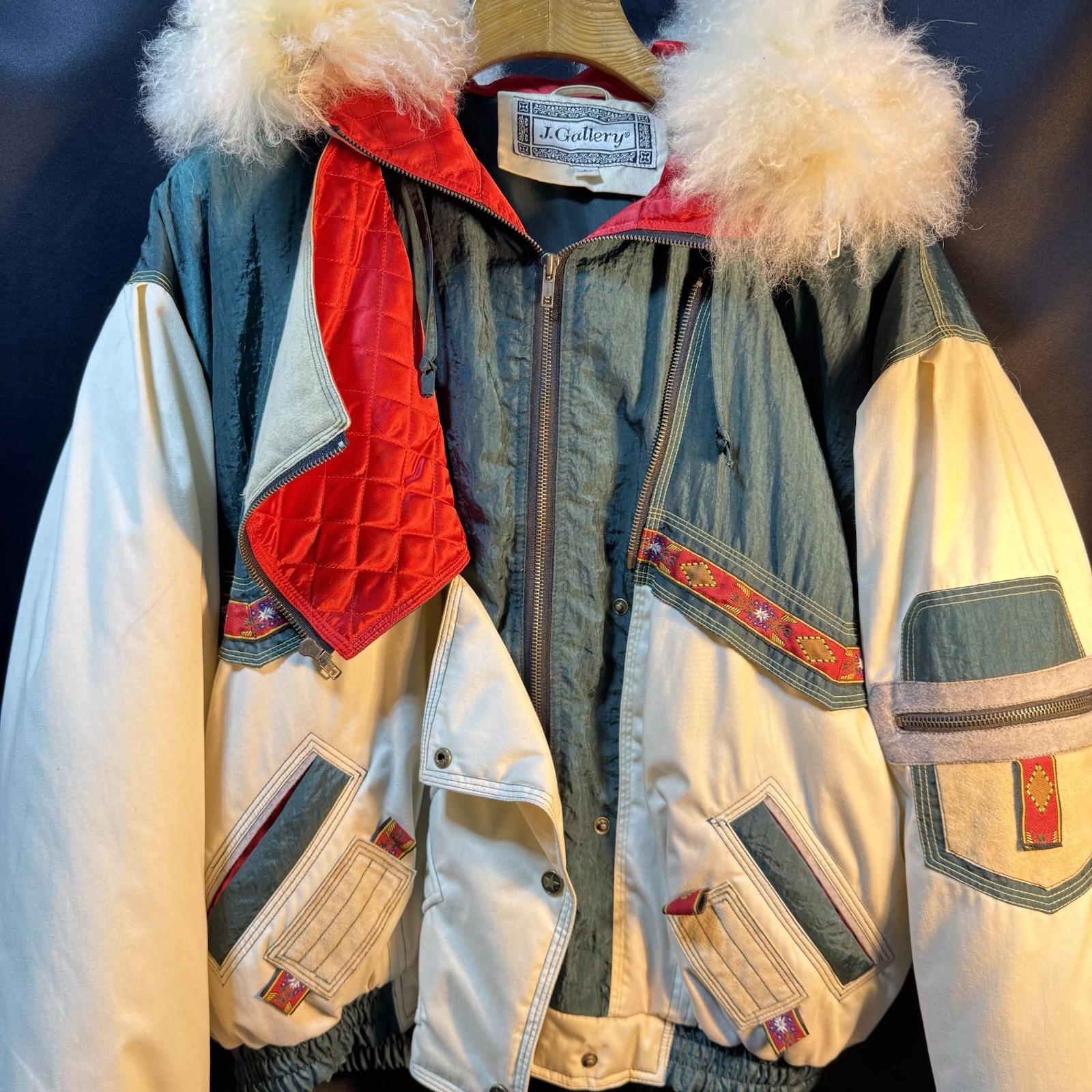 Vintage National Park J.Gallery Colorful Bomber Jacket Mongolian Lamb Fur Trim L
