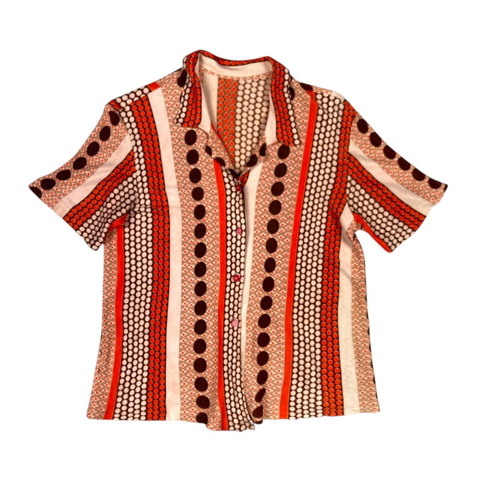 Vintage 1970s Women’s Orange Brown Mod Button Up Collared Shirt