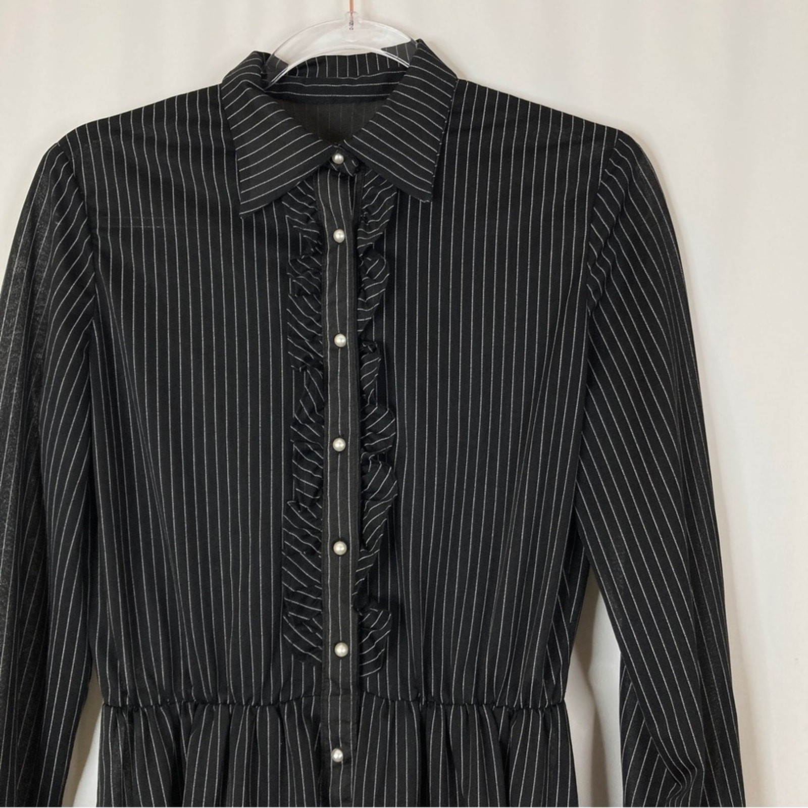 Vintage Black White Pinstripe Ruffle Button Down Mid Length Dress SHEER Medium?