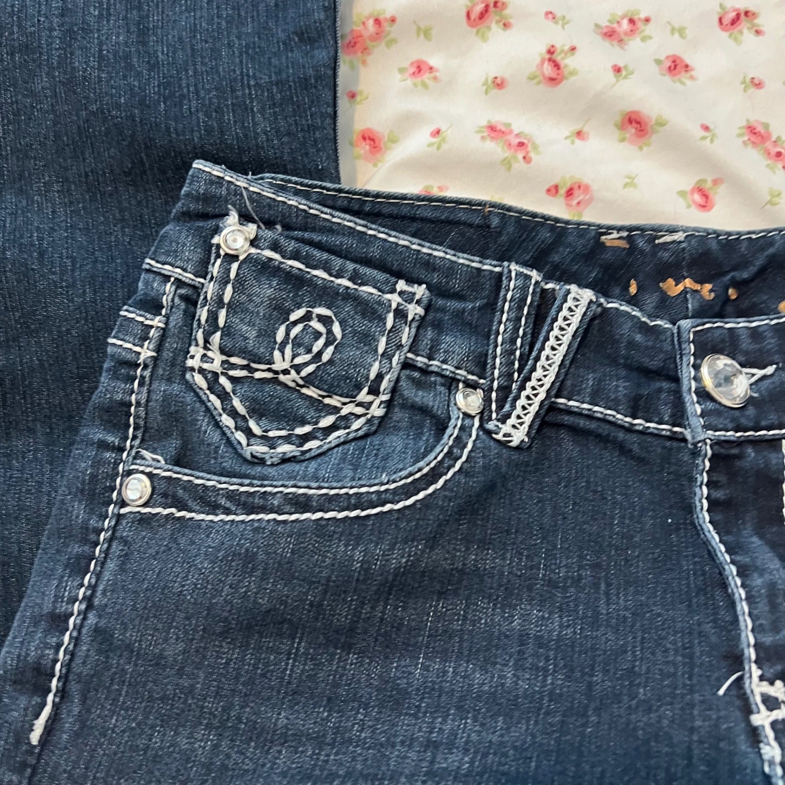 vintage low rise contrast stitch dark wash bootcut jeans