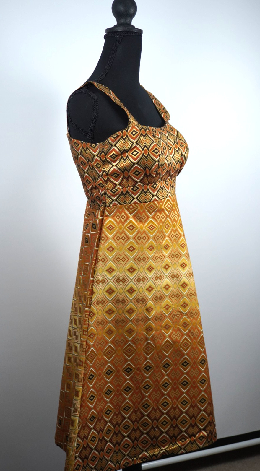 Retro 1960s Dress XS gold and brown boho retro empire style handmade Geometric