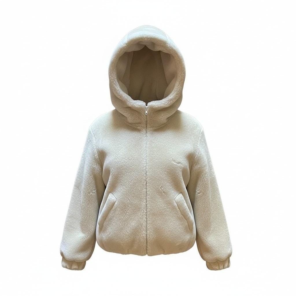 Donnybrook Faux Fur Hooded Jacket Women Large Cream Vintage Zip Up Plush Bomber