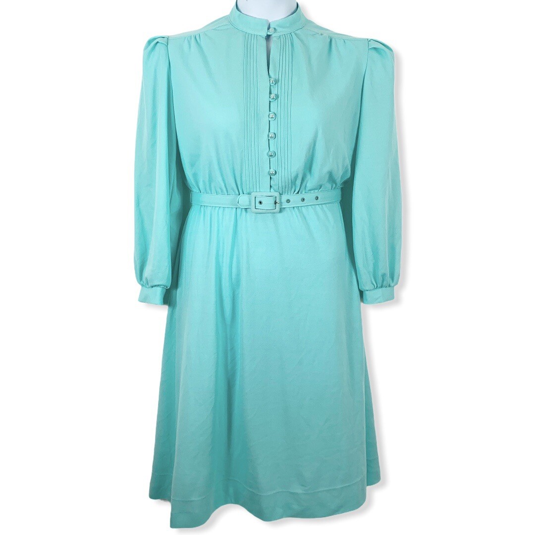 Vintage Dress 10P The Shirtdress Pleated Shoulders Button Top Belted Mint