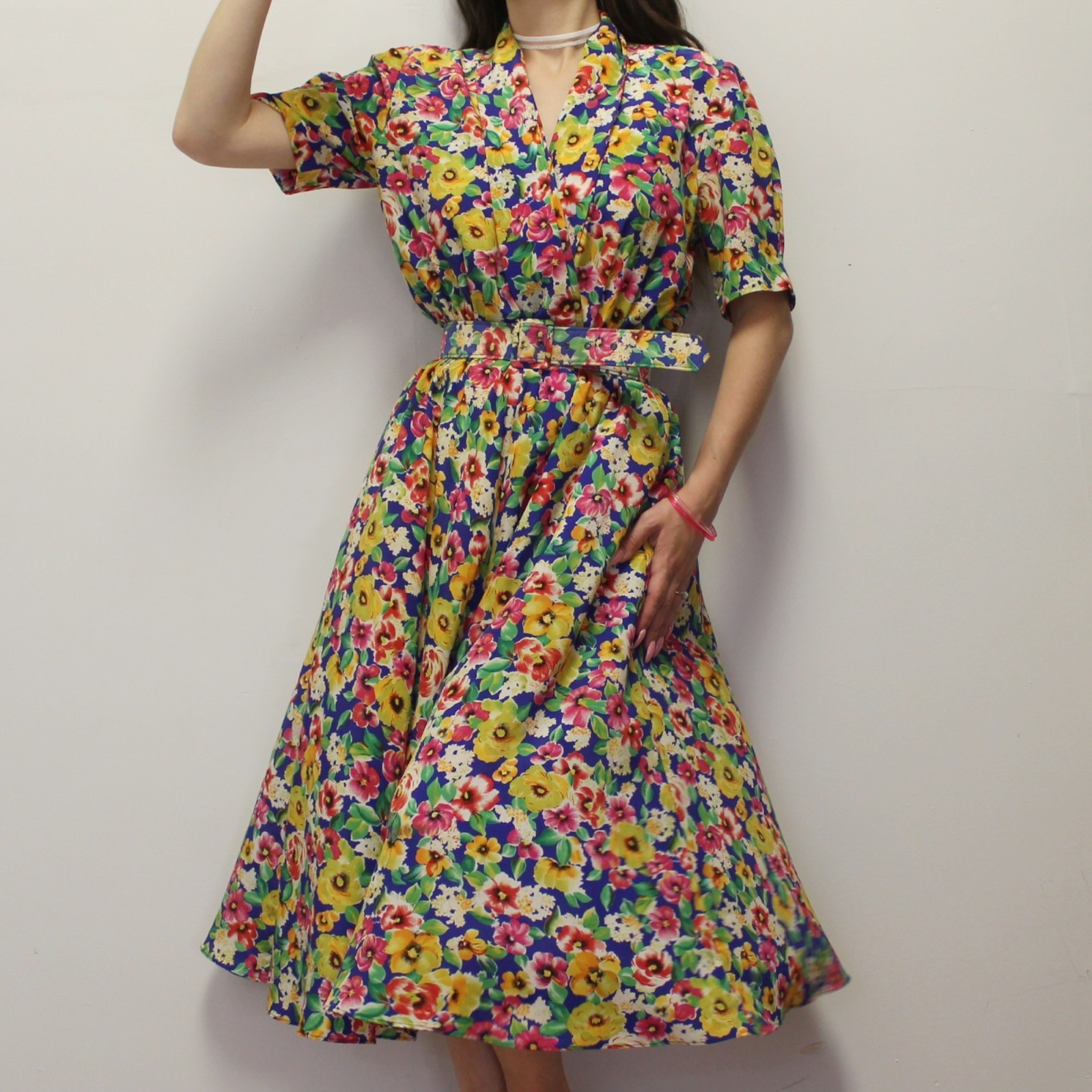 Vintage 80s Floral Midi Dress with Belt by Liz Roberts