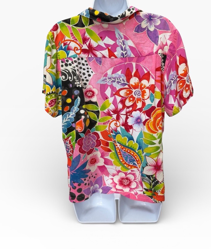 Vtg 80’s Jam’s World Hawaiian Floral Button Up Shirt Size L/XL Collar Bright