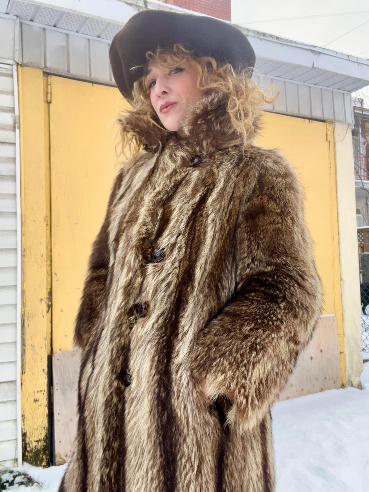 FULL LENGTH RACCOON Vintage 1970s Double Breasted Striped Racoon Fur Coat