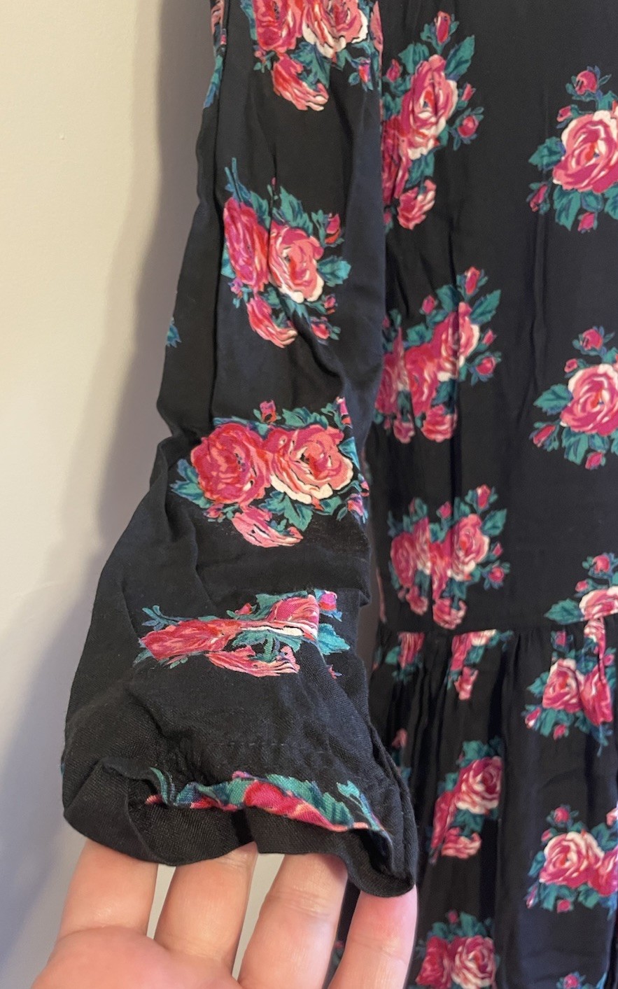 Vintage 80s Peppers Black Pink Rose Print Midi Dress M Rayon Drop Waist LS