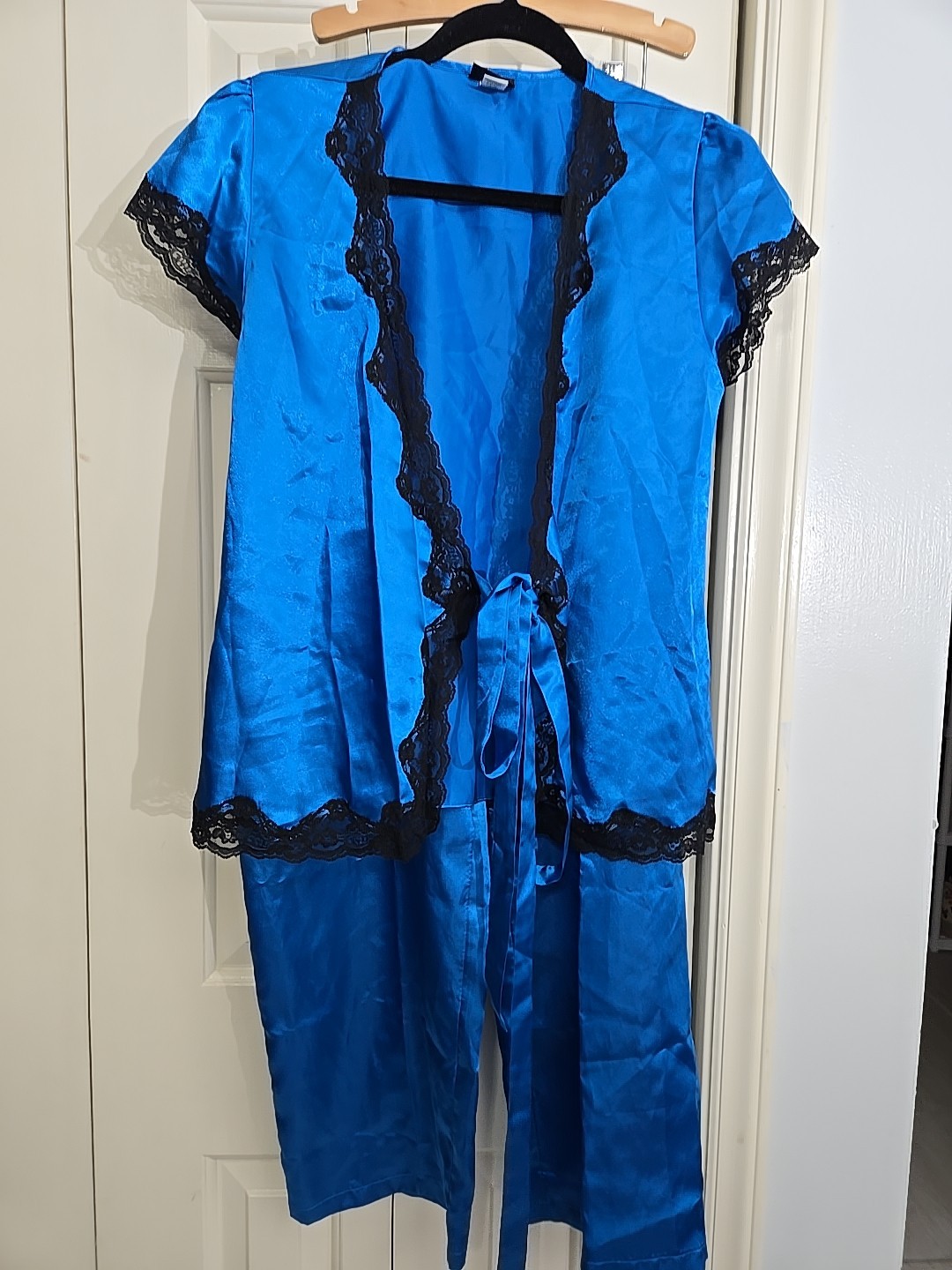Vintage 90s Fredericks Of Hollywood Blue Silky Lace Tie Top&Pants Set
