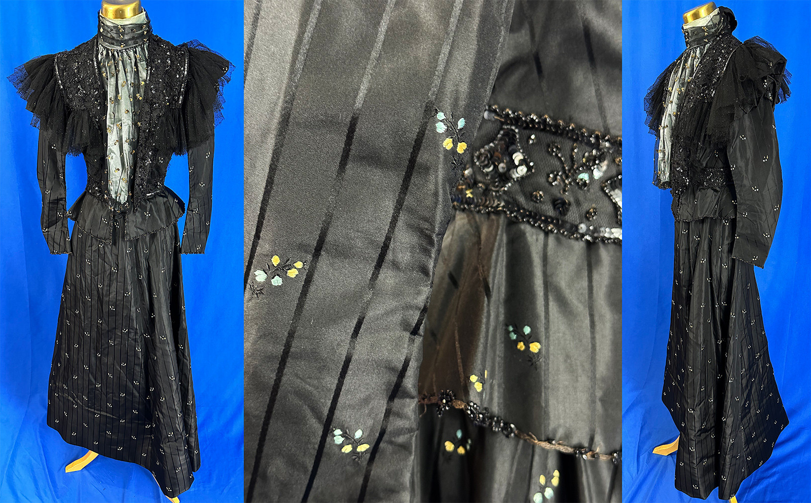 Victorian Black Silk Jacquard Woven Pastel Sequin Jet Beaded Bodice Skirt Dress