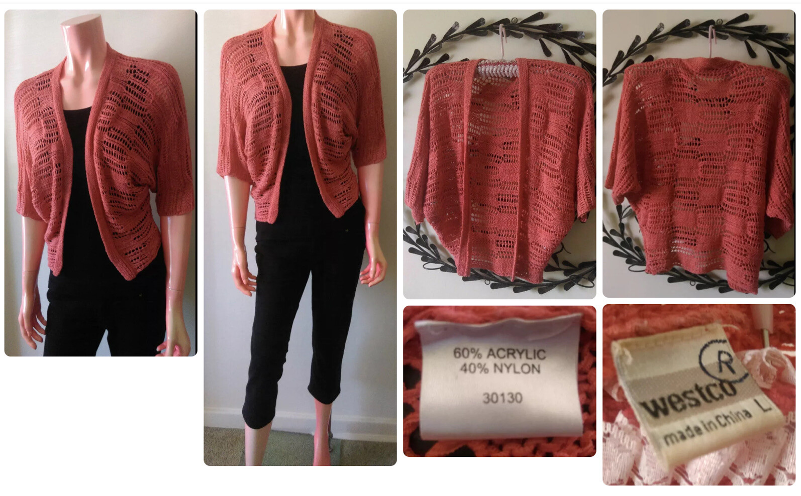 Vintage WestCo Acrylic Nylon Salmon Ladies Crochet Cardigan Size L great condit.
