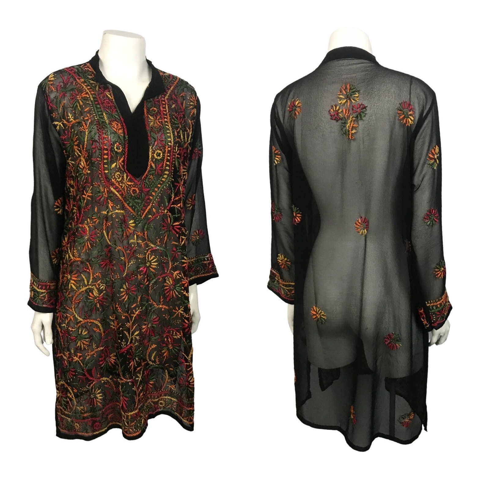 Sheer Black Embroidered Tunic Dress Indian Boho Festival Hippie Gauze M ^