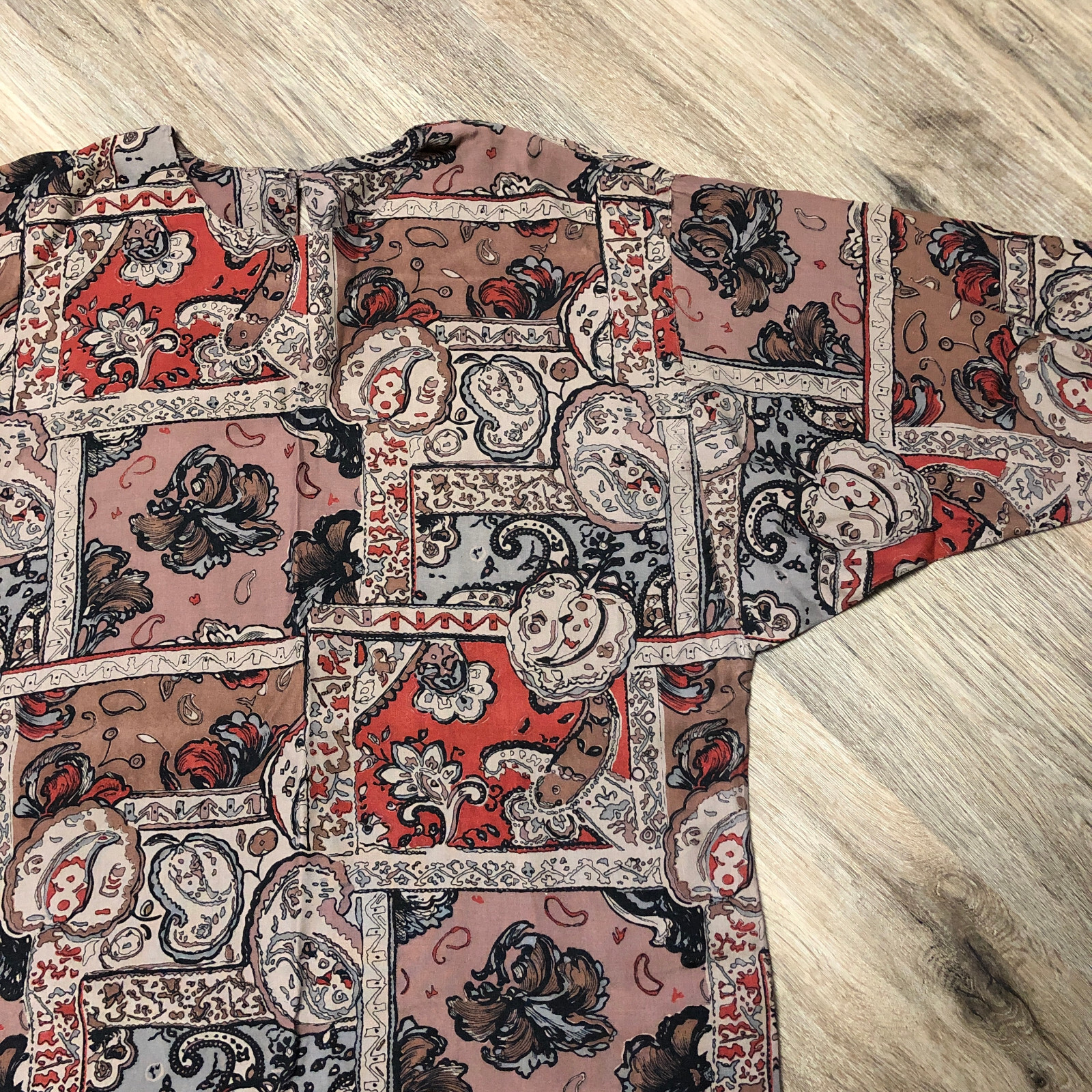 Vtg Paisley Persian Rug Print Batwing Dolman Sleeve Oversize Shirt Blouse Top S
