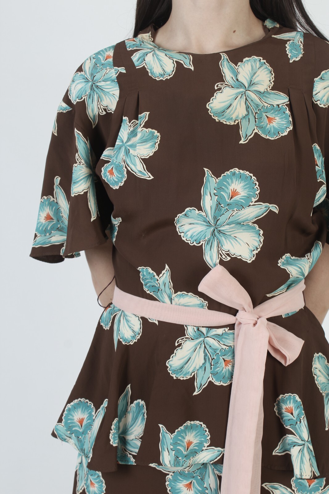 Vintage 40s Deco Dress Metal Side Zipper Peplum Full Skirt Hawaiian Tiki MCM