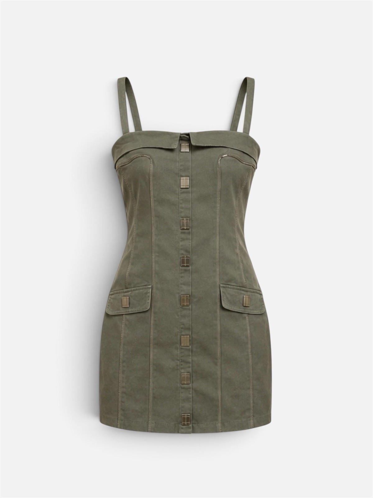 Vintage Do + Be Women’s Utility Denim Cargo Mini Dress Olive Green Bodycon Small