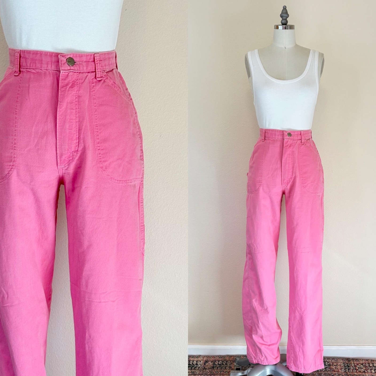 Vintage 80s Wrangler Pink Painter Pants, High Waist Cotton Work wear Jeans