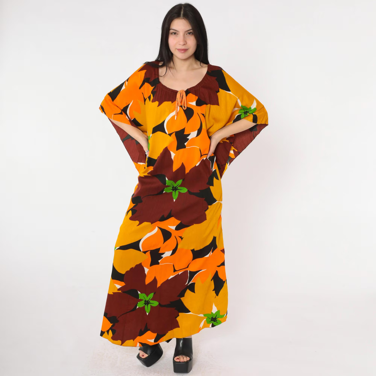 Vintage Hawaiian Caftan Dress 70s Boho Floral Maxi Hippie Bohemian 1970s Long Te