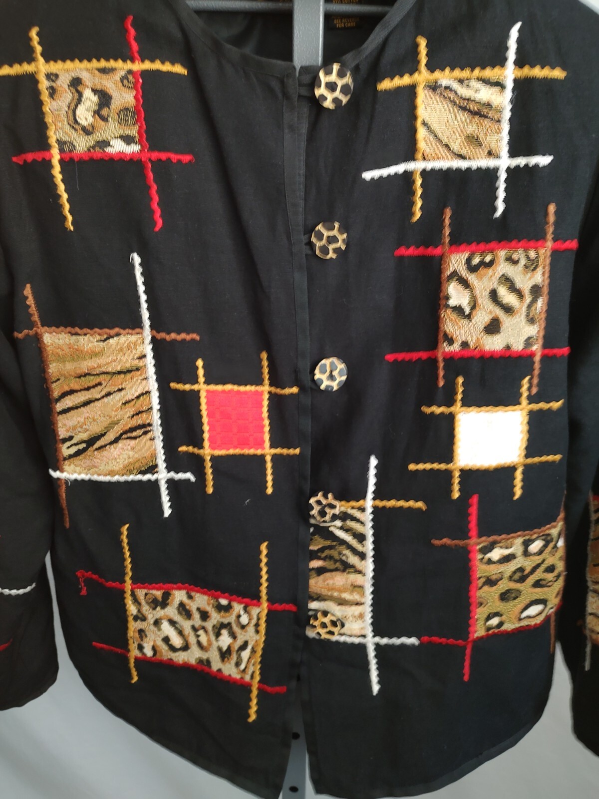 Vintage Alex Kim Patchwork Patches Jacket Medium Black Animal Print Art to Wear