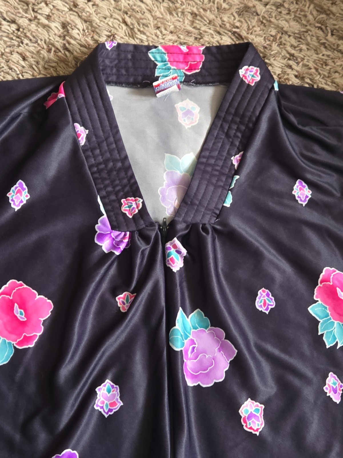 Granada Vintage Zip Front Caftan Robe Black Floral Maxi USA One Size Pocket