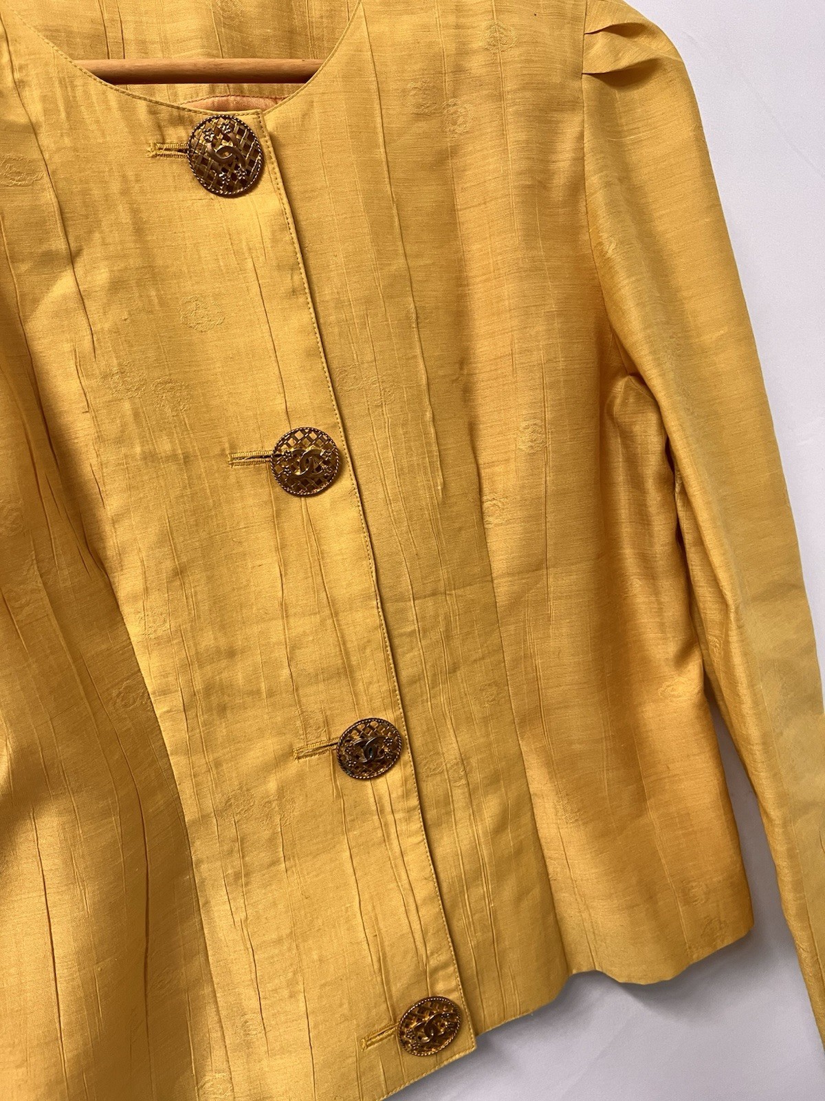 Vintage Bespoke Tailored Jacket Yellow Camellia Floral Buttons Women’s Medium