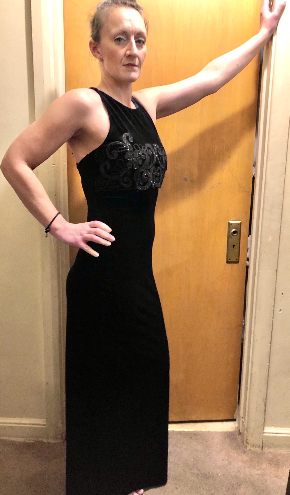Sz 7/8 Vintage Y2K 1990s Style Maurice’s Black Velvet Halter Dress w Glitter