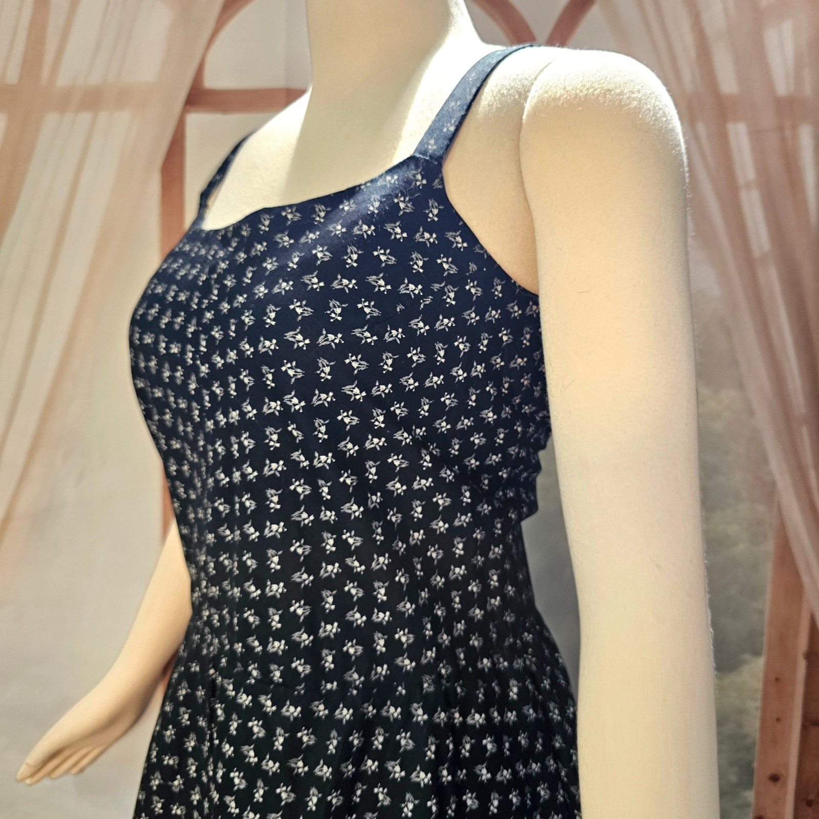 Vintage 1970s Dress Sundress Sleeveless Black White Calico Floral Print Boho