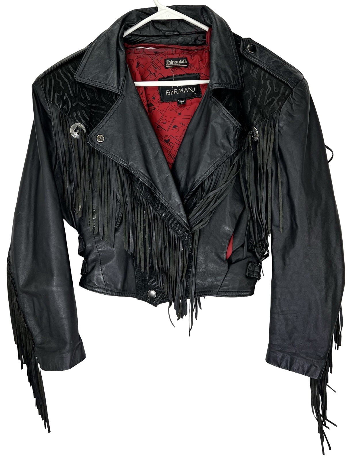 Vintage Bermans Womens Leather Motorcycle Fringe Jacket Cropped Animal Print S